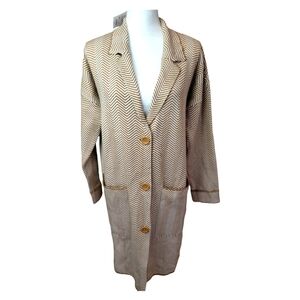 Nine West NWT Medium Chevron Long Cardigan Coat Autumn Brown White Retail $88